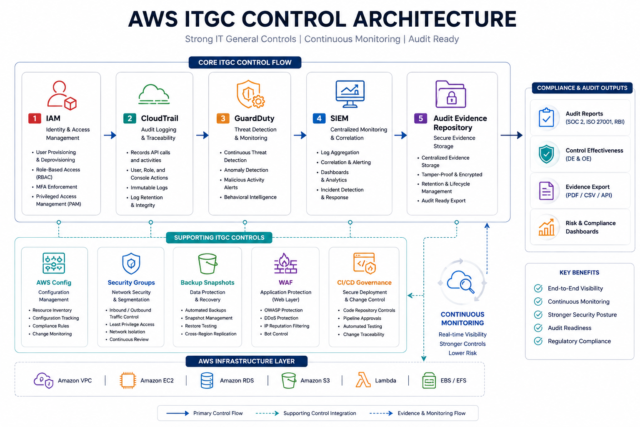 AWS ITGC architecture with IAM, CloudTrail, GuardDuty, SIEM, and audit evidence flow