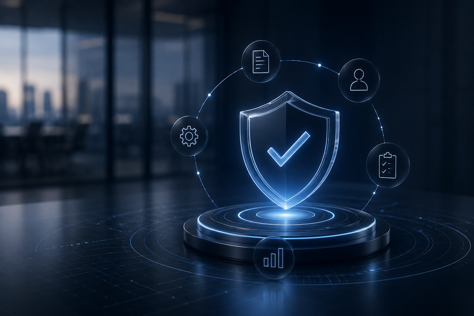 ASPIA Futuristic cybersecurity dashboard in dark office