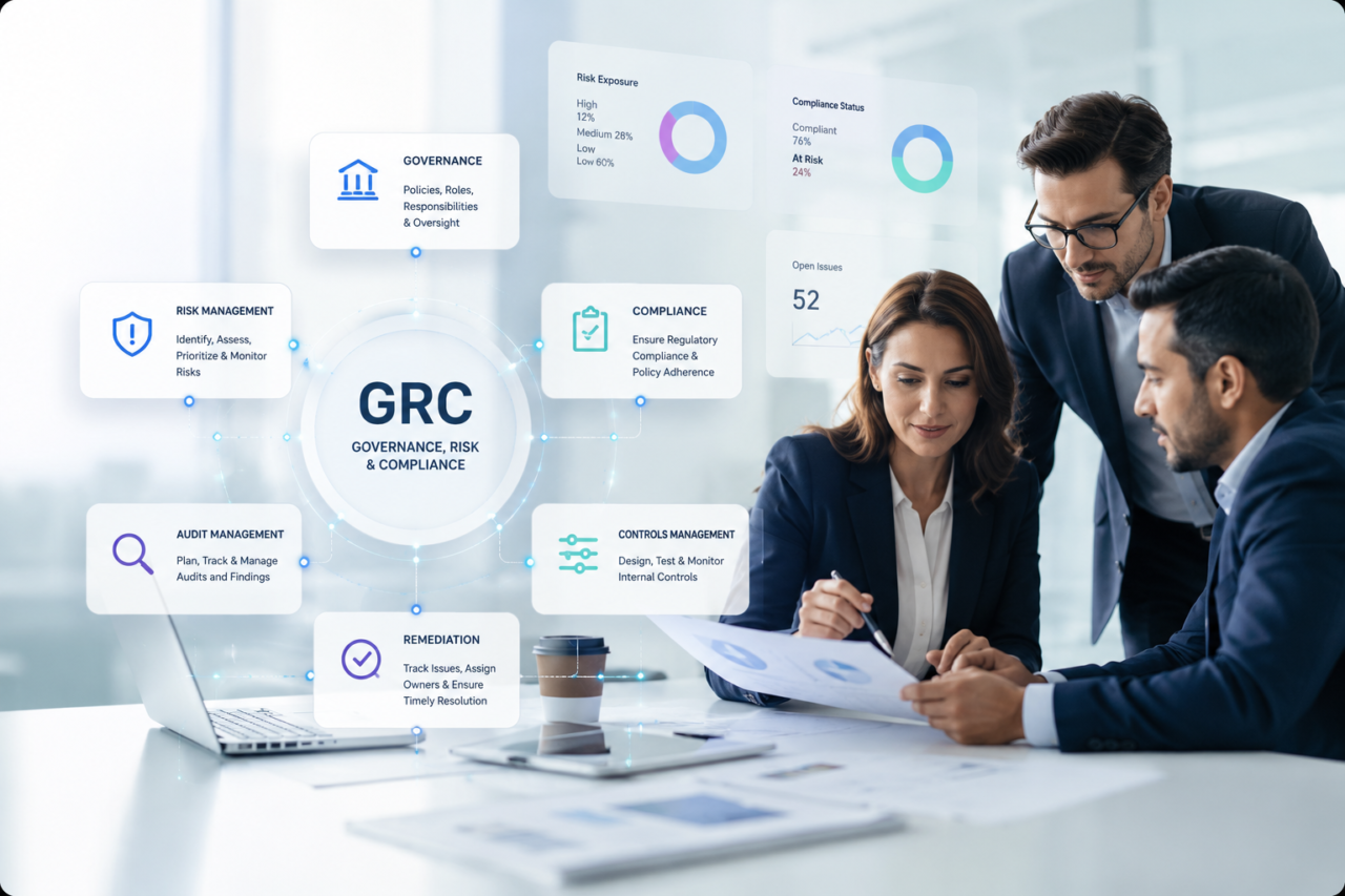 Business team discussing GRC strategy- ASPIA