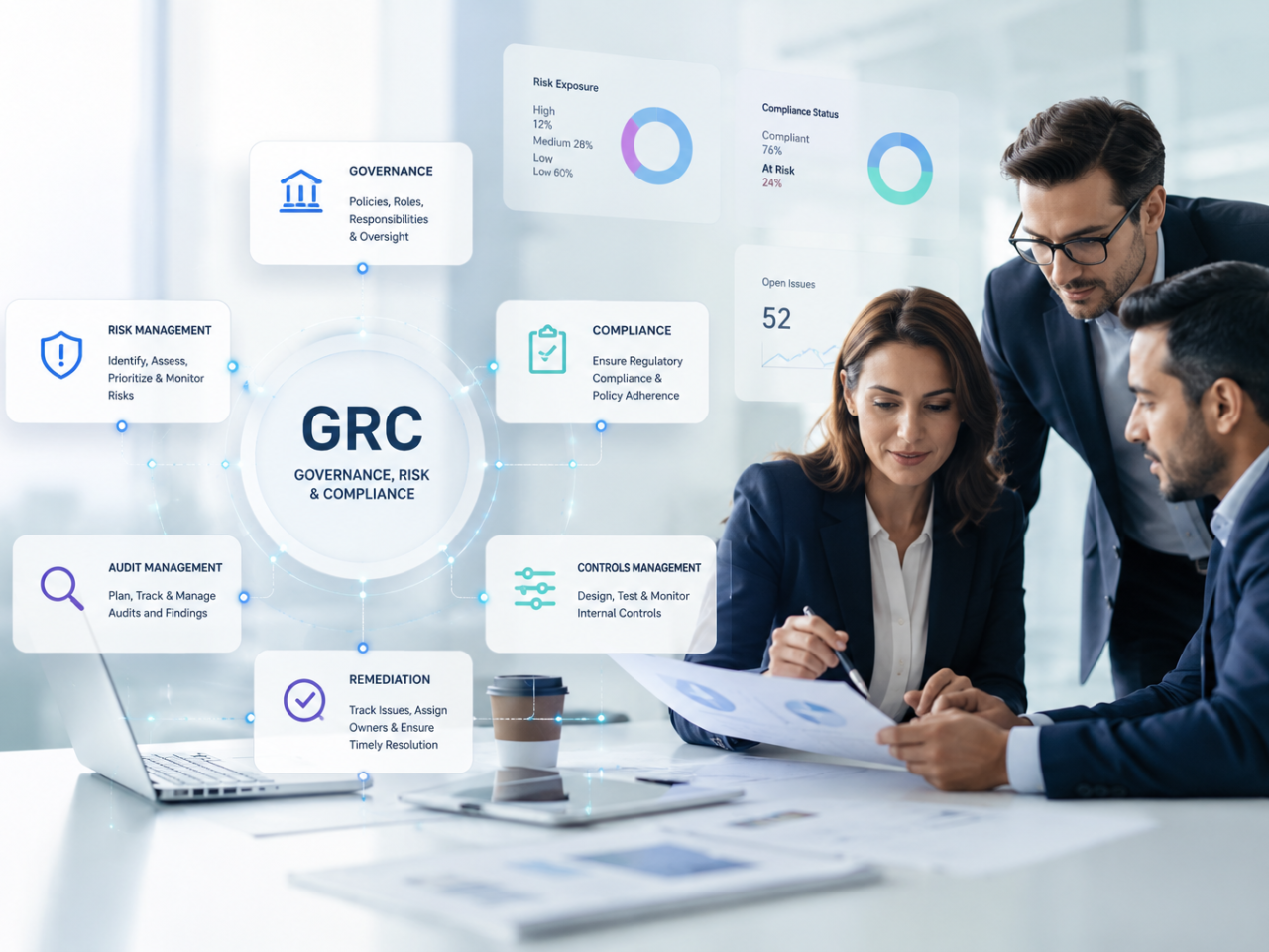 Business team discussing GRC strategy- ASPIA